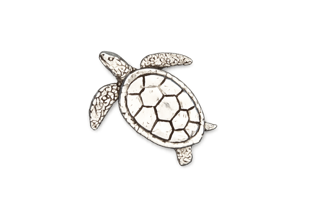 Detailed pewter Sea Turtle pin badge featuring a patterned shell and textured flippers with butterfly clutch fastening on a white background.