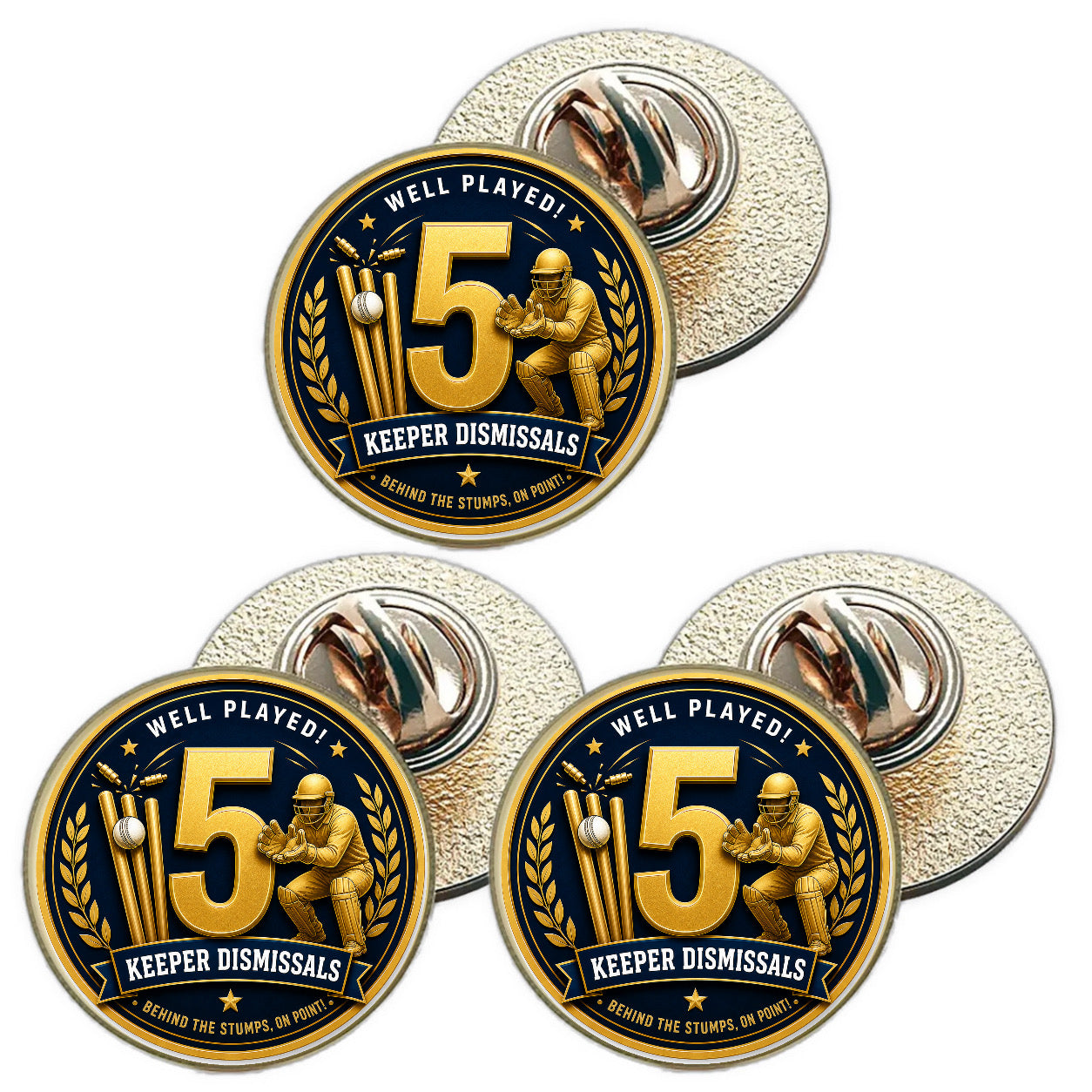 3 x Cricket 5 Keeper Dismissals (BU29) Lapel Pin Badges