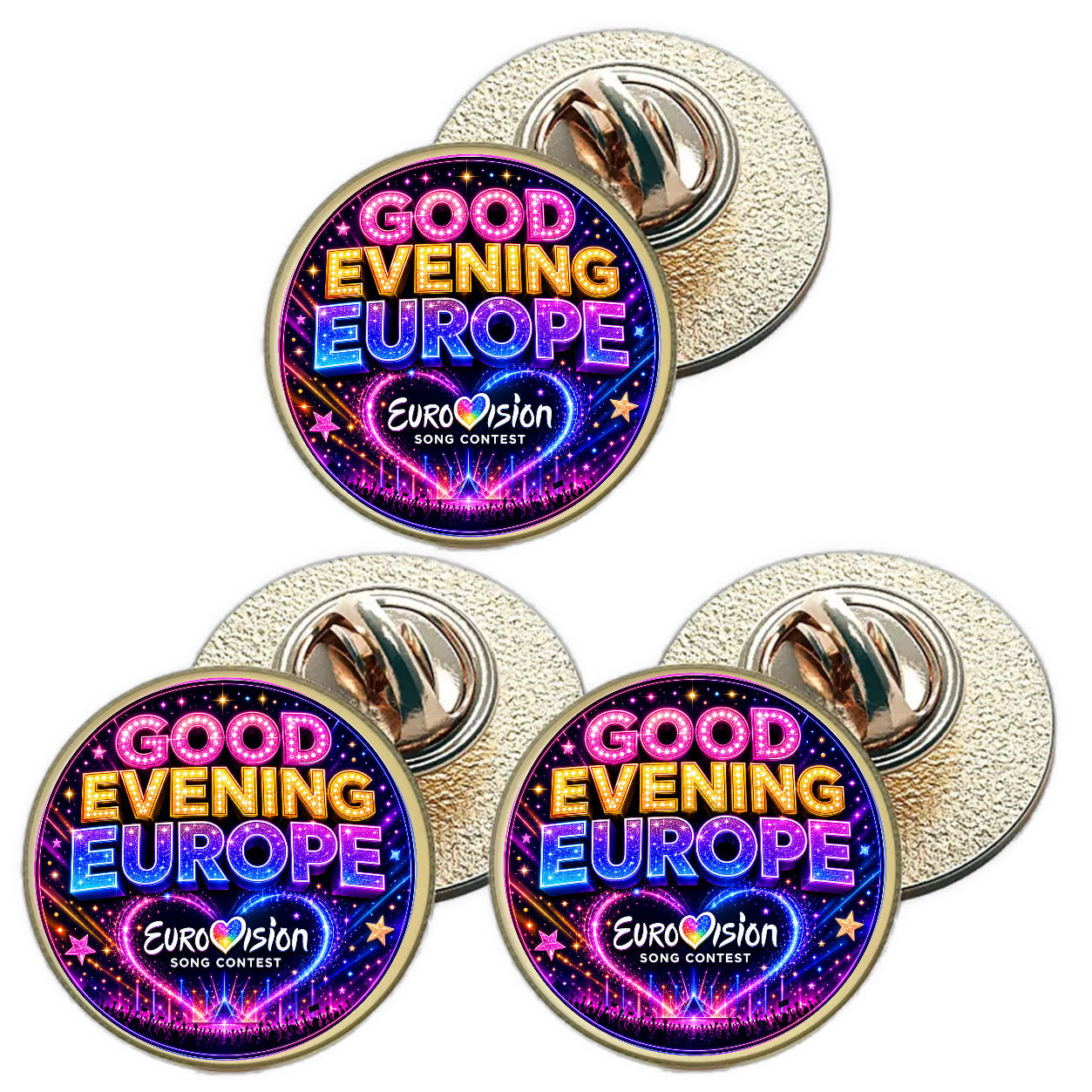 3 x Good Evening Europe Eurovision Song Contest (BU30) Lapel Pin Badges