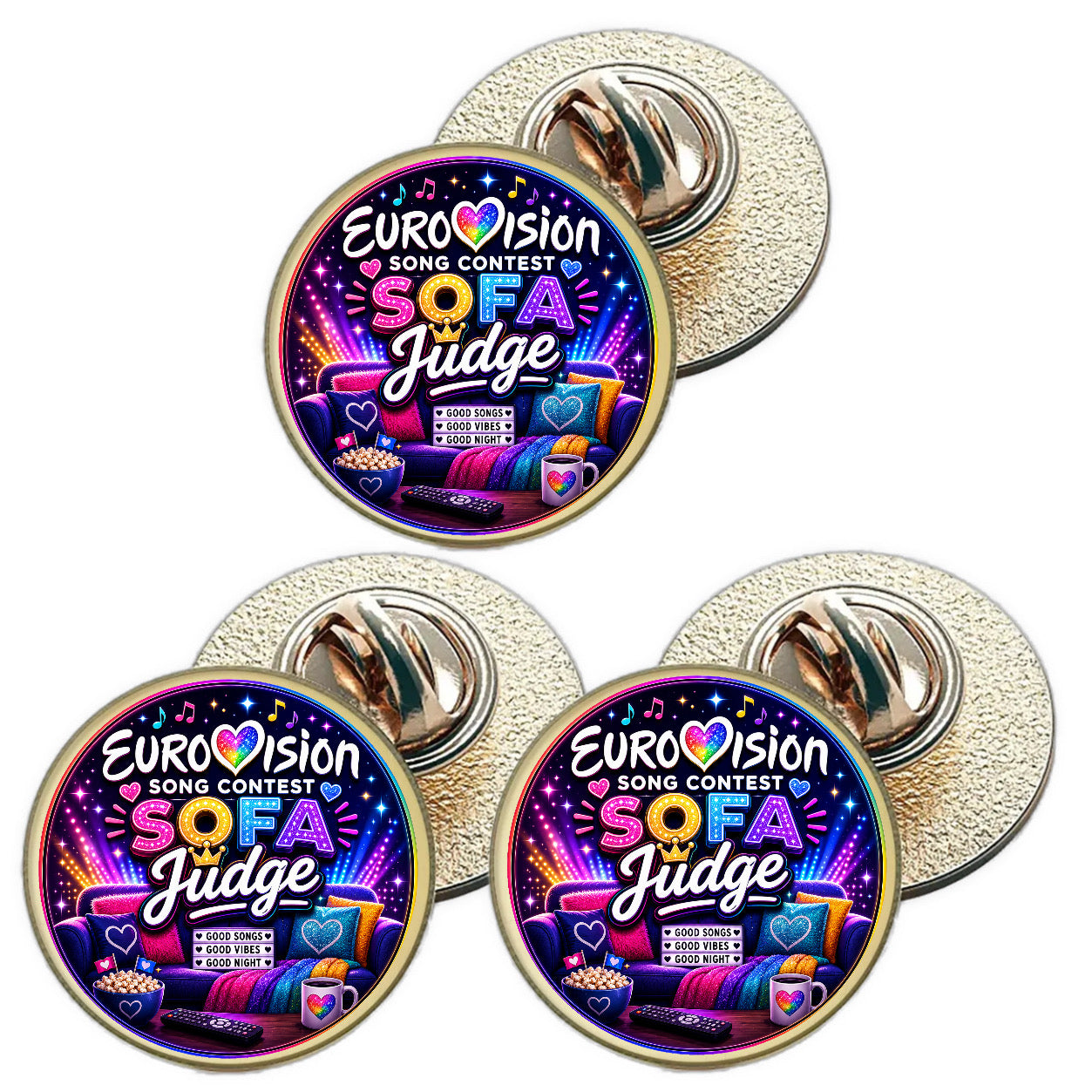 3 x Eurovision Song Contest Sofa Judge (BU30) Lapel Pin Badges
