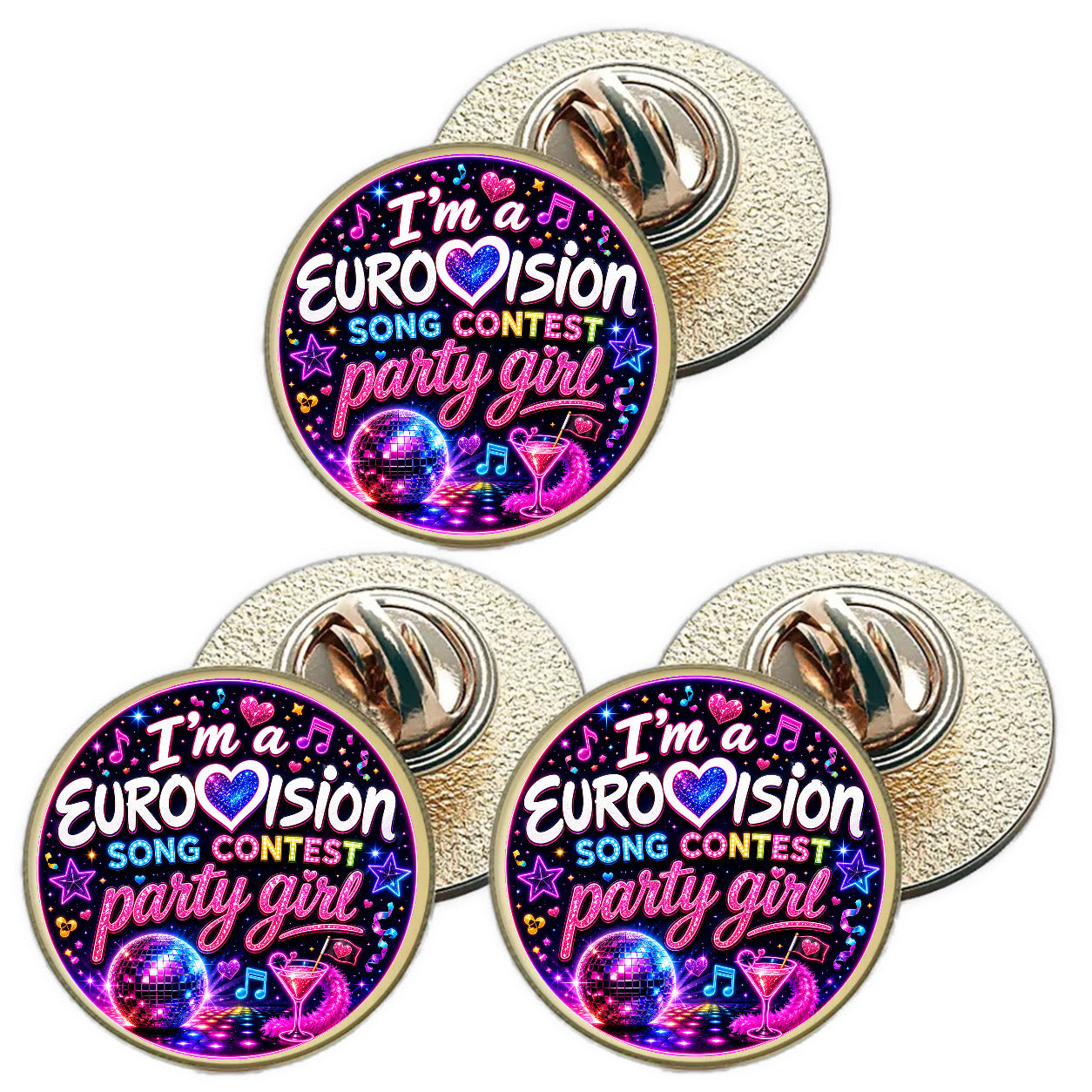 3 x I`m A Eurovision Song Contest Party Girl (BU30) Lapel Pin Badges