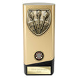 Personalised gold and black solid block darts award with antique gold darts emblem, colour darts centre and free engraved plate