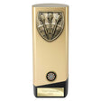 Personalised gold and black solid block darts award with antique gold darts emblem, colour darts centre and free engraved plate