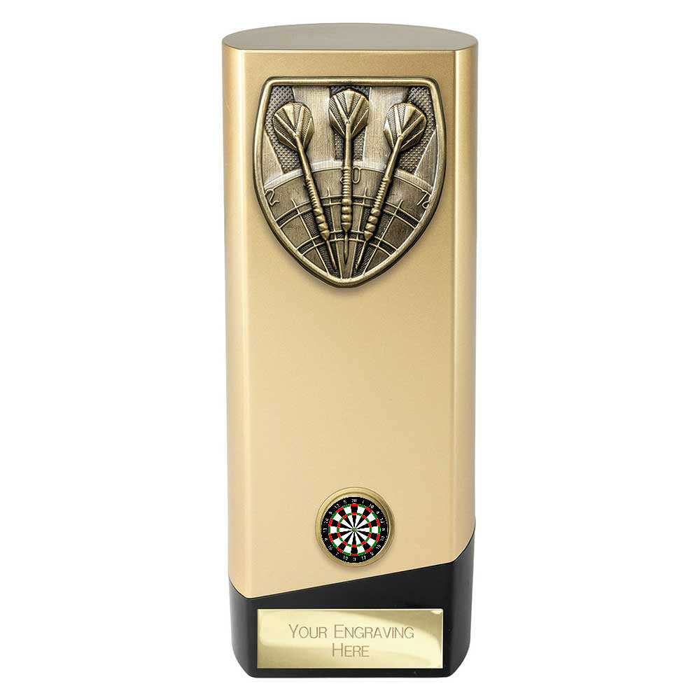 Personalised gold and black solid block darts award with antique gold darts emblem, colour darts centre and free engraved plate