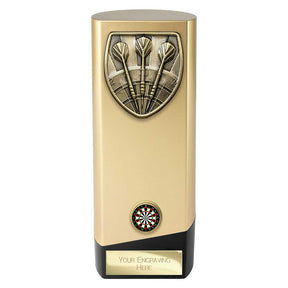 Personalised gold and black solid block darts award with antique gold darts emblem, colour darts centre and free engraved plate