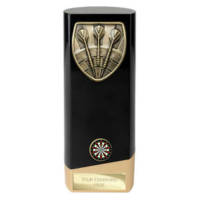Personalised black and gold solid block darts award with antique gold darts emblem, colour darts centre and free engraved plate