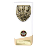 Personalised white and gold solid block darts award with antique gold darts emblem, colour darts centre and free engraved plate