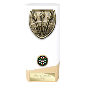 Personalised white and gold solid block darts award with antique gold darts emblem, colour darts centre and free engraved plate