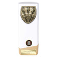 Personalised white and gold solid block darts award with antique gold darts emblem, colour darts centre and free engraved plate