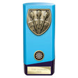 Personalised blue solid block darts award with antique gold darts emblem, colour darts centre and free engraved plate