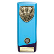 Personalised blue solid block darts award with antique gold darts emblem, colour darts centre and free engraved plate
