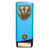 Personalised blue solid block darts award with antique gold darts emblem, colour darts centre and free engraved plate