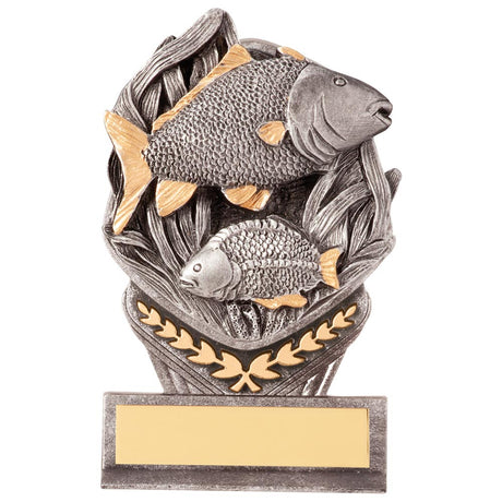 Resin fishing trophy with fish design and free personalised engraving for angling competitions