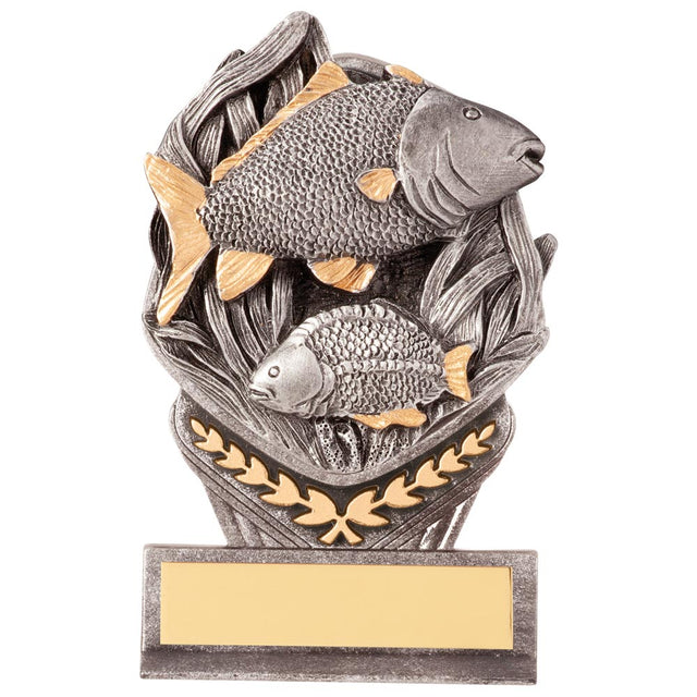 Resin fishing trophy with fish design and free personalised engraving for angling competitions