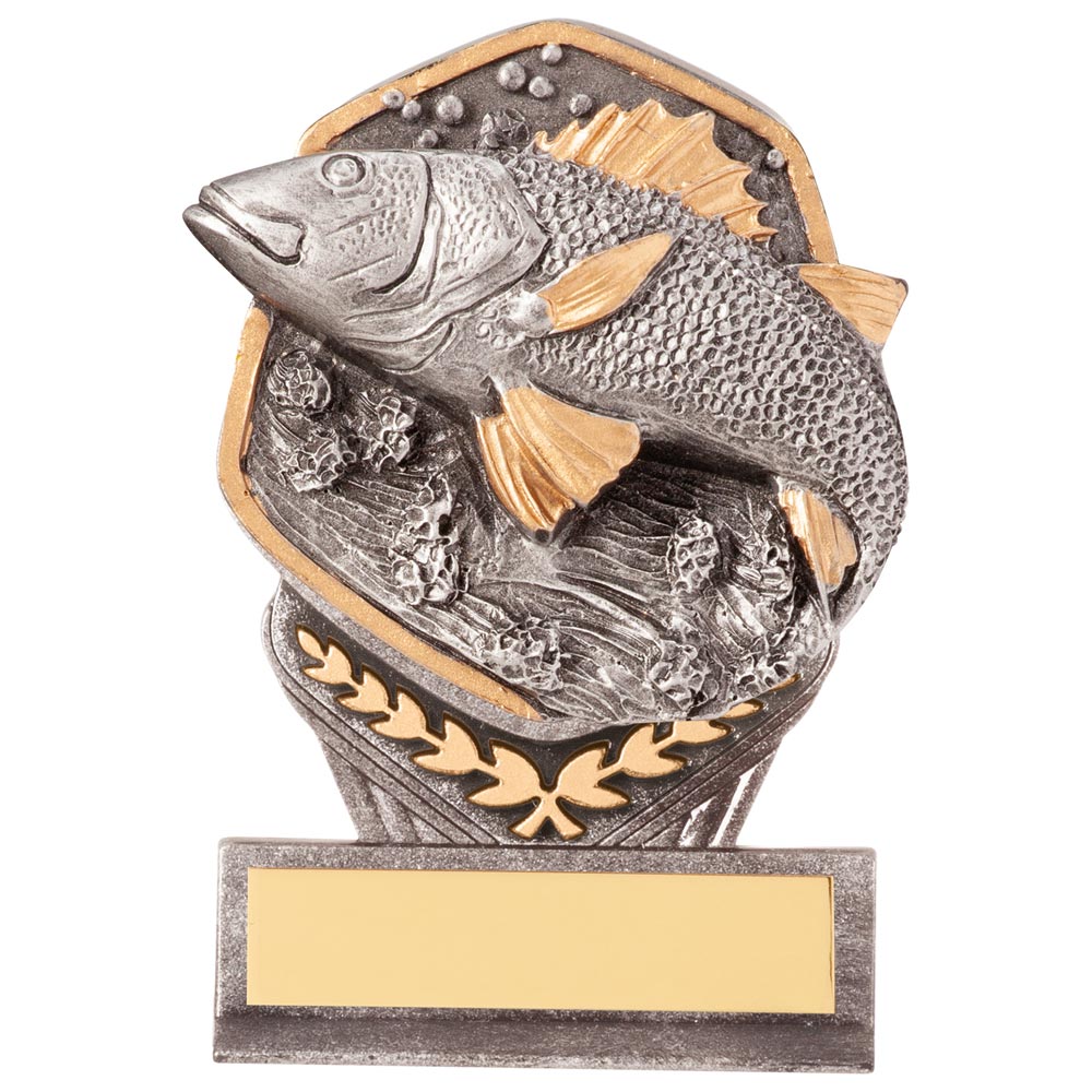 Resin fishing trophy with fish design and free personalised engraving for angling competitions
