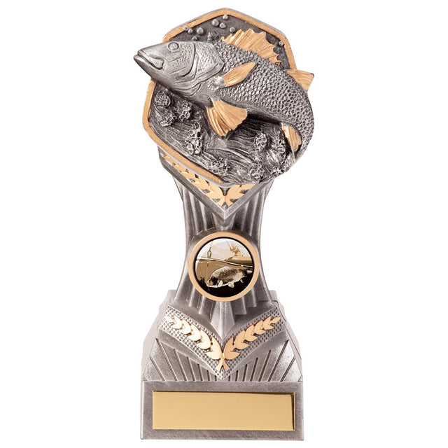 Resin fishing trophy with fish design and free personalised engraving for angling competitions