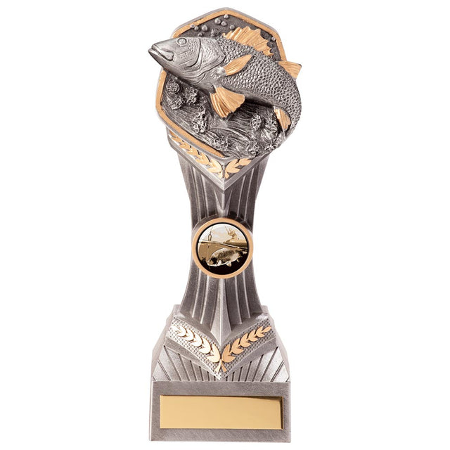 Resin fishing trophy with fish design and free personalised engraving for angling competitions