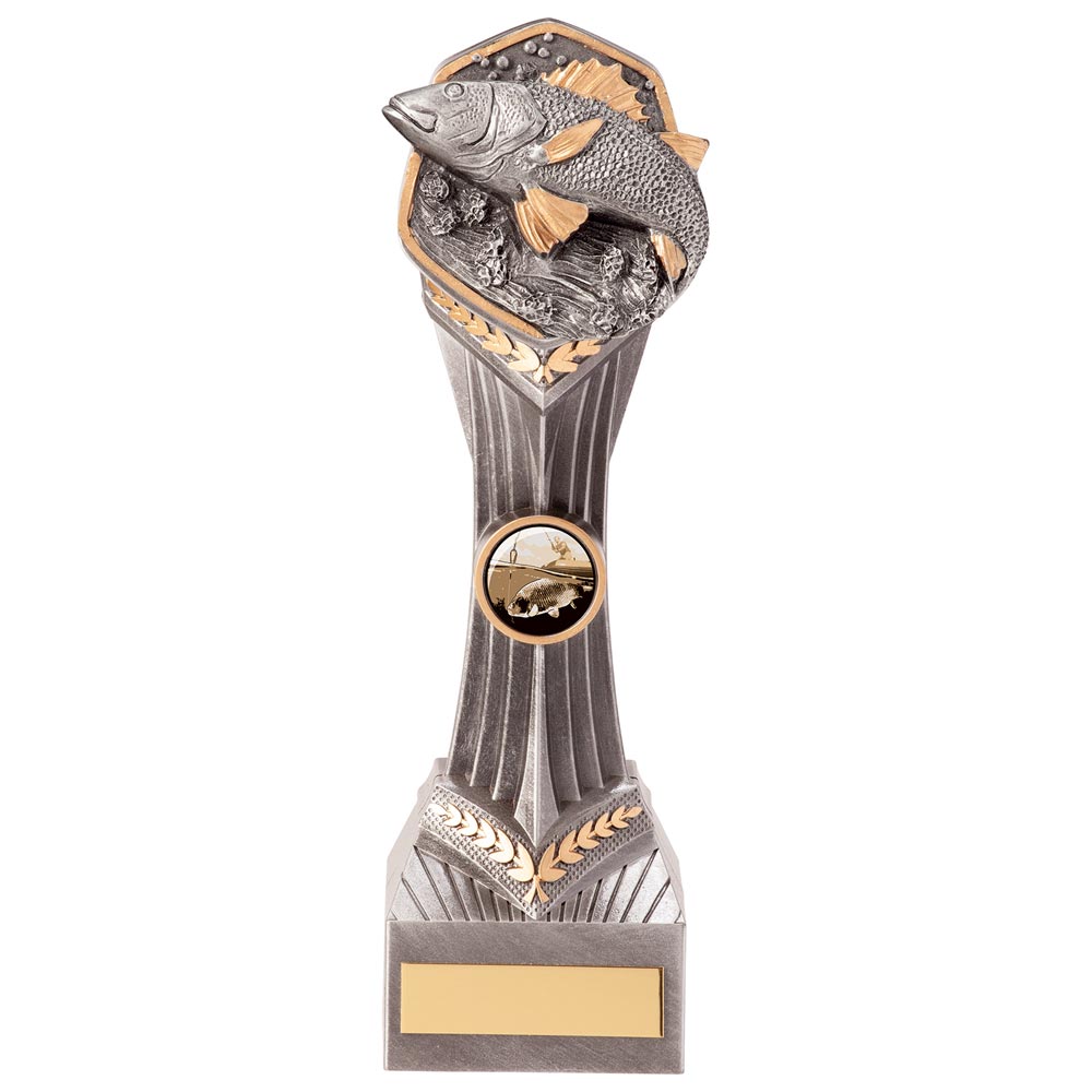 Resin fishing trophy with fish design and free personalised engraving for angling competitions