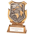 Titan resin fishing trophy featuring a fish shield design with free personalised engraving