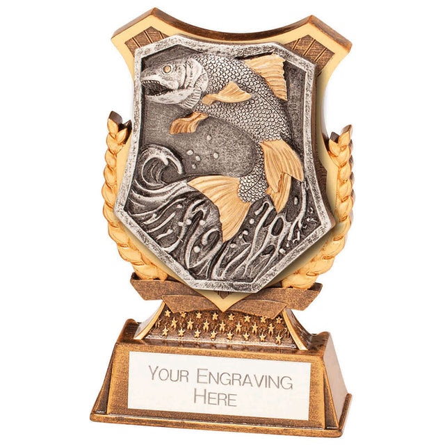 Titan resin fishing trophy featuring a fish shield design with free personalised engraving