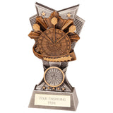 Personalised resin darts trophy with antique silver and bronze dartboard design and free engraved plate