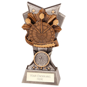Personalised resin darts trophy with antique silver and bronze dartboard design and free engraved plate