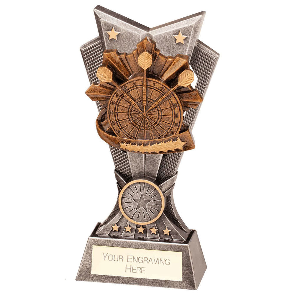 Personalised resin darts trophy with antique silver and bronze dartboard design and free engraved plate