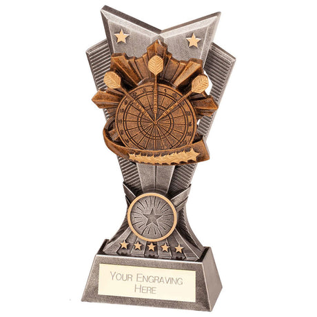 Personalised resin darts trophy with antique silver and bronze dartboard design and free engraved plate