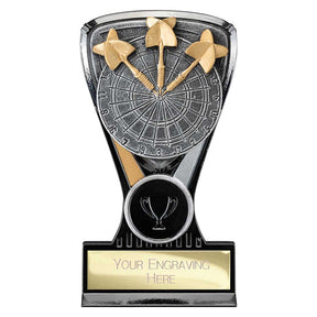 Personalised Wolverine resin darts trophy with gold, black and silver finish, dartboard design and free engraved plate