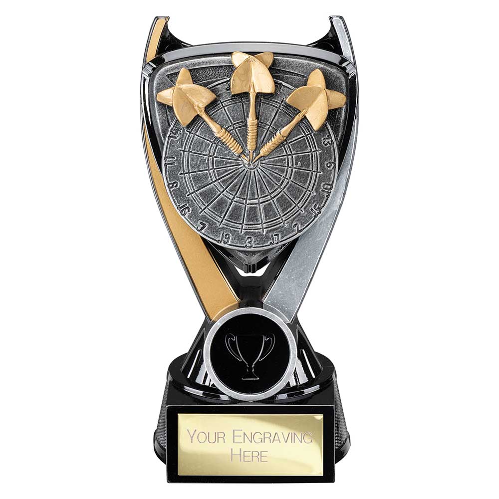 Personalised Wolverine resin darts trophy with gold, black and silver finish, dartboard design and free engraved plate