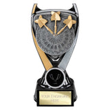 Personalised Wolverine resin darts trophy with gold, black and silver finish, dartboard design and free engraved plate