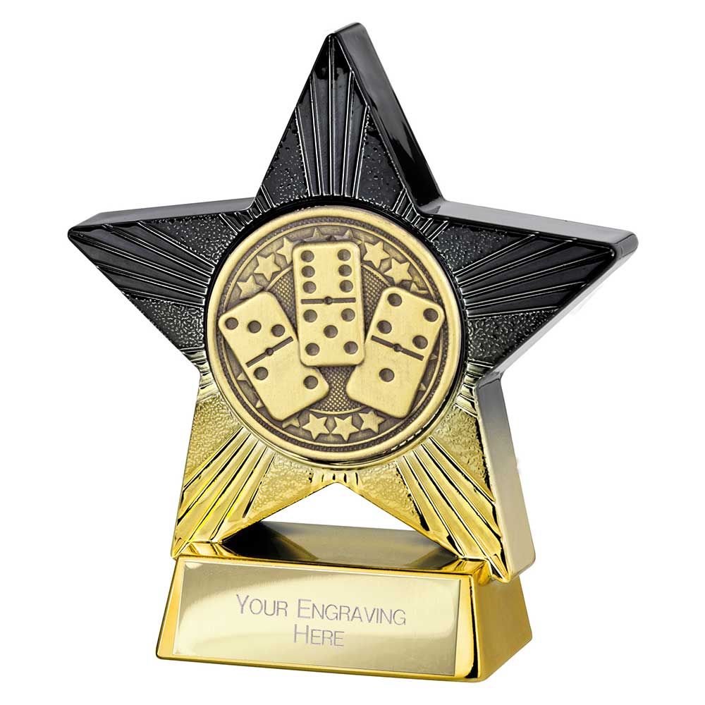Superstar domino trophy made from premium resin with black and gold star design and free personalised engraving