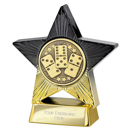 Superstar domino trophy made from premium resin with black and gold star design and free personalised engraving