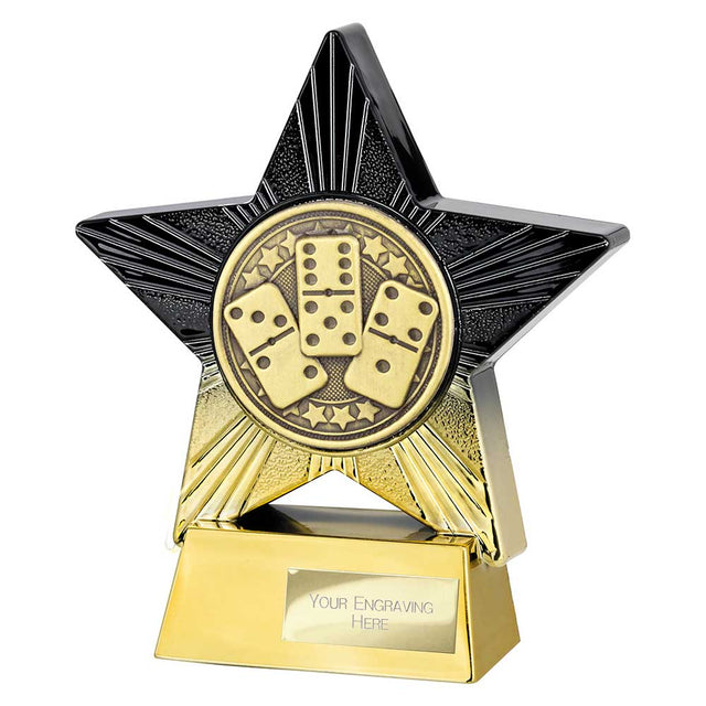 Superstar domino trophy made from premium resin with black and gold star design and free personalised engraving