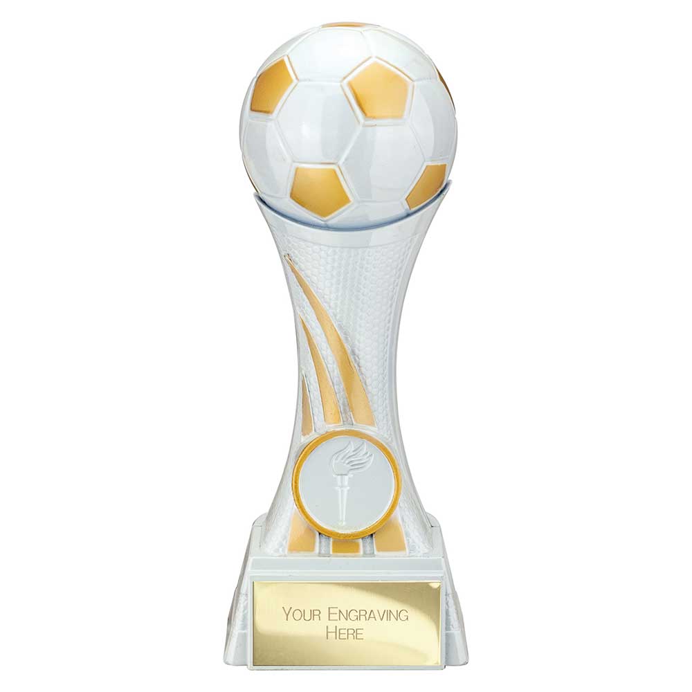 Attack Strike white resin football trophy with football top, FREE engraving and 25mm centre insert