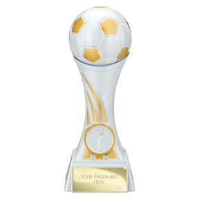 Attack Strike white resin football trophy with football top, FREE engraving and 25mm centre insert