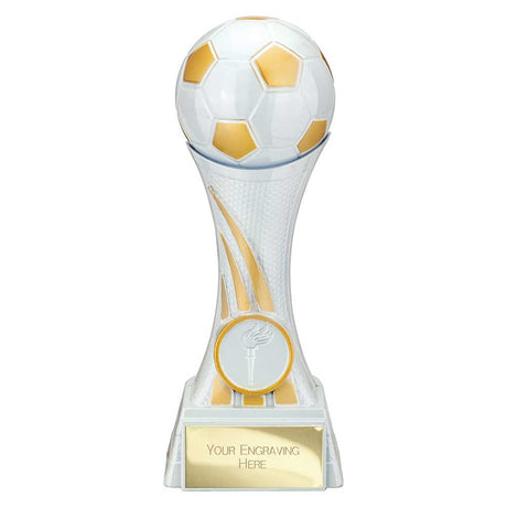 Attack Strike white resin football trophy with football top, FREE engraving and 25mm centre insert