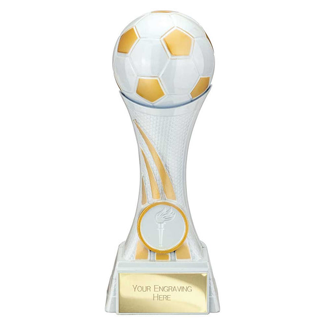 Attack Strike white resin football trophy with football top, FREE engraving and 25mm centre insert
