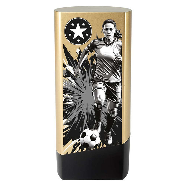Prime Heavyweight Ladies Football Award in gold and black featuring a female football player with free personalised engraving.