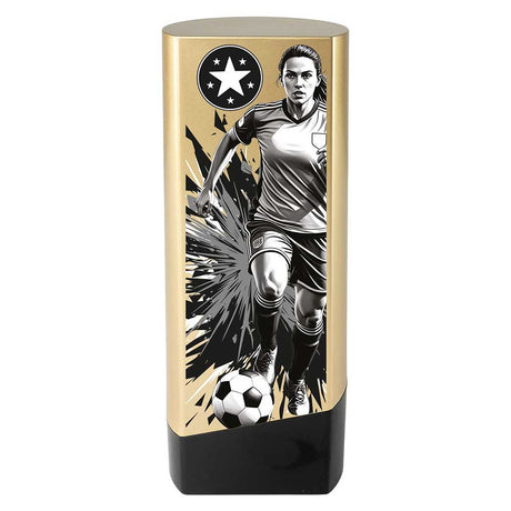 Prime Heavyweight Ladies Football Award in gold and black featuring a female football player with free personalised engraving.