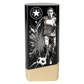 Prime Heavyweight Ladies Football Award black and gold premium trophy with female football player design and free engraving.