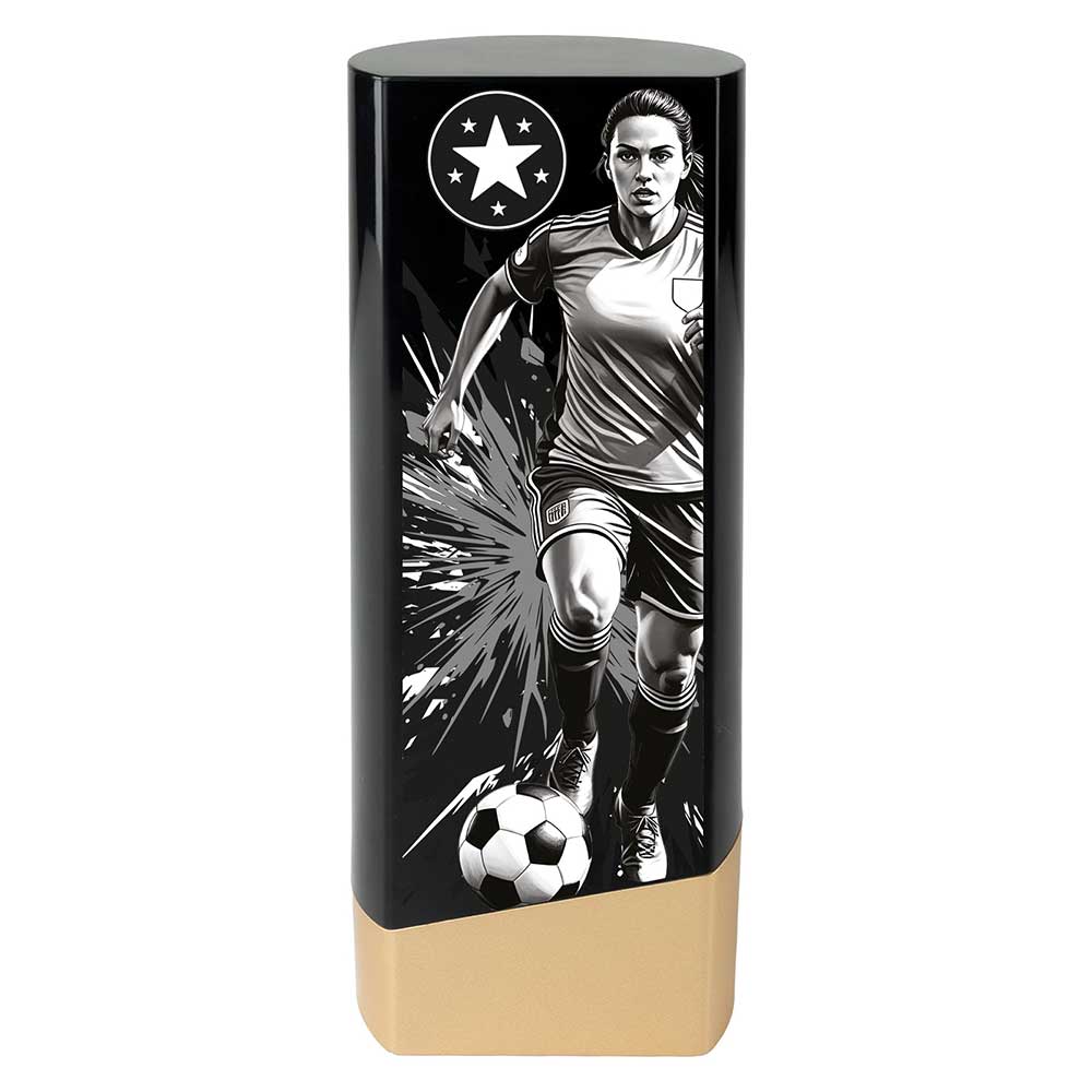 Prime Heavyweight Ladies Football Award black and gold premium trophy with female football player design and free engraving.