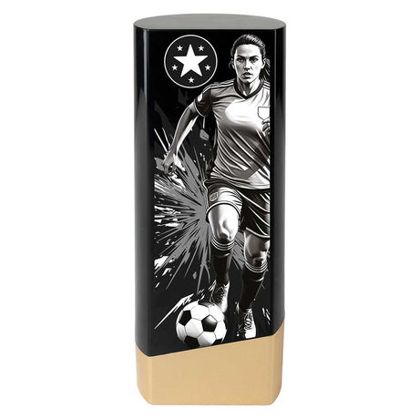 Prime Heavyweight Ladies Football Award black and gold premium trophy with female football player design and free engraving.