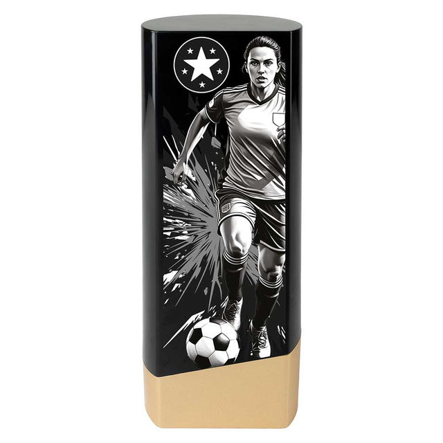 Prime Heavyweight Ladies Football Award black and gold premium trophy with female football player design and free engraving.