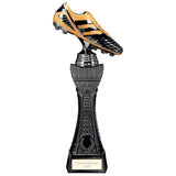 Black Viper Tower black and gold resin football boot trophy with personalised engraving plate