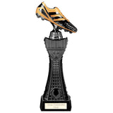 Black Viper Tower black and gold resin football boot trophy with personalised engraving plate