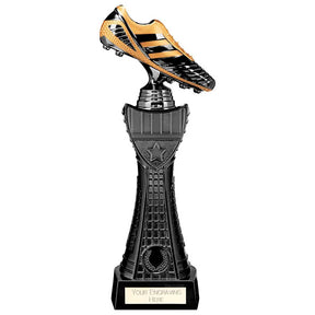 Black Viper Tower black and gold resin football boot trophy with personalised engraving plate