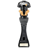 Black Viper Tower black and gold resin football strip trophy with personalised engraving plate