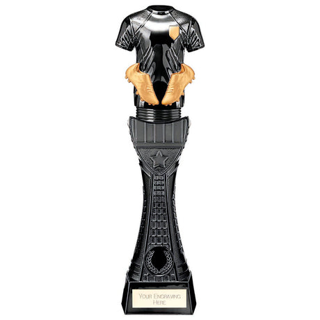Black Viper Tower black and gold resin football strip trophy with personalised engraving plate
