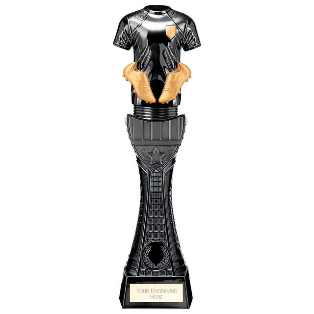 Black Viper Tower black and gold resin football strip trophy with personalised engraving plate